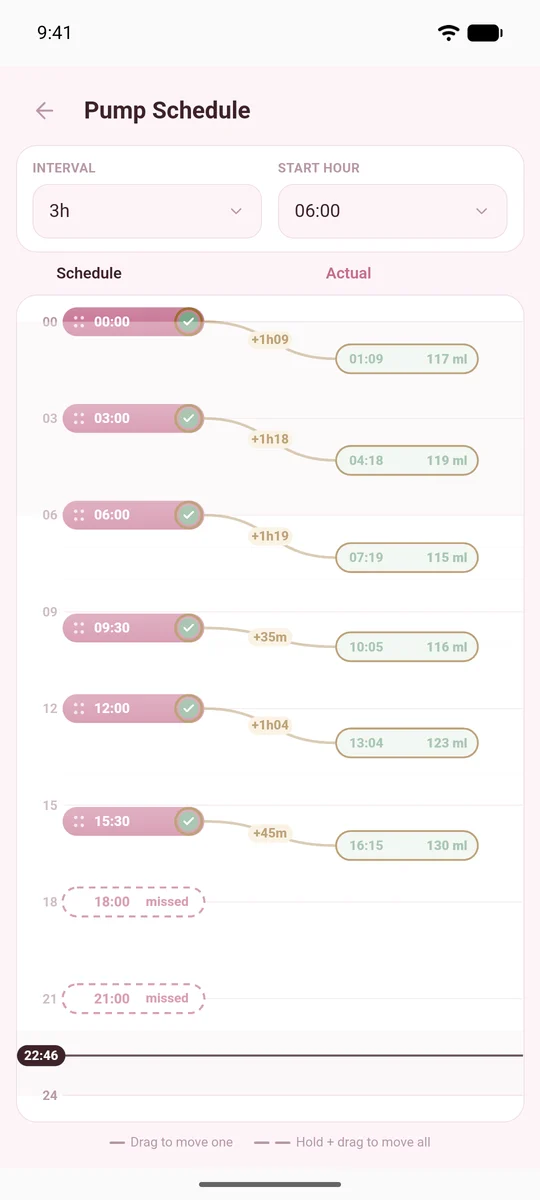 Pump schedule: planned sessions next to the times you actually pumped
