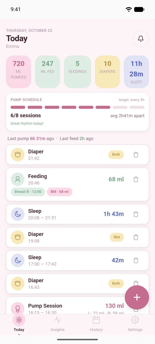 Today screen: totals for the day, pump schedule progress and the list of feeds, sleeps and diapers